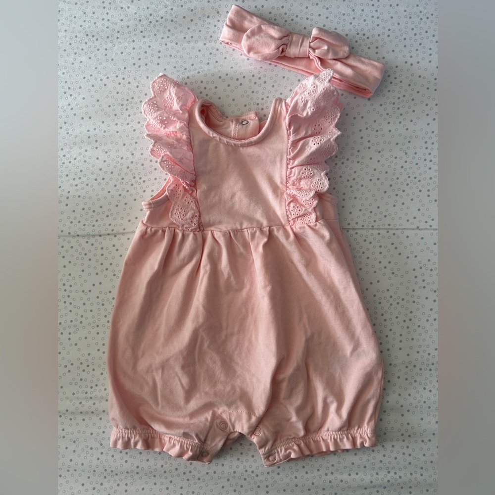 Little Me Pink Ruffle Romper with Matching Bow